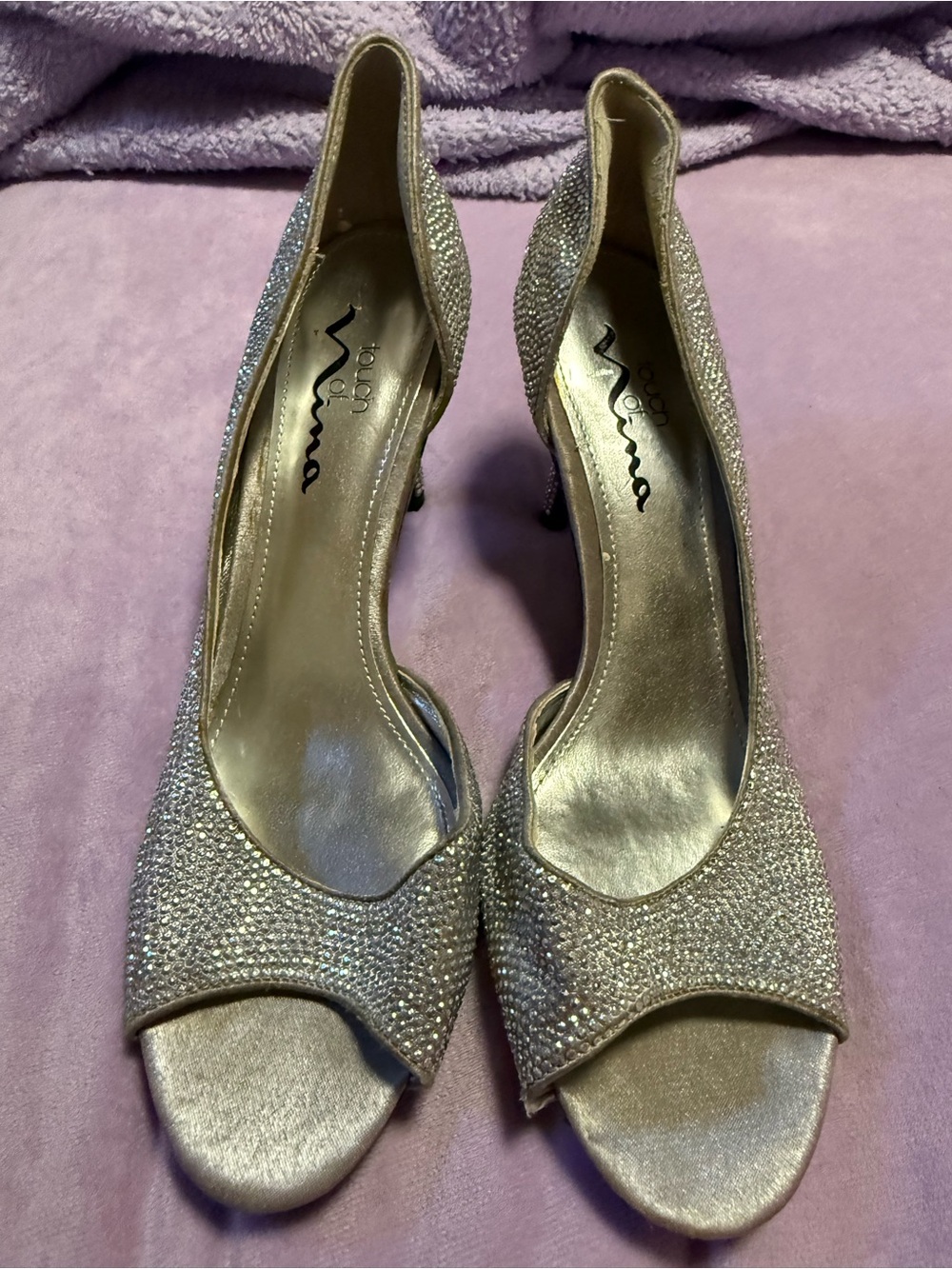 Touch of Nina Silver Rhinestone Peep-Toe D’Orsay Heels Size 8M